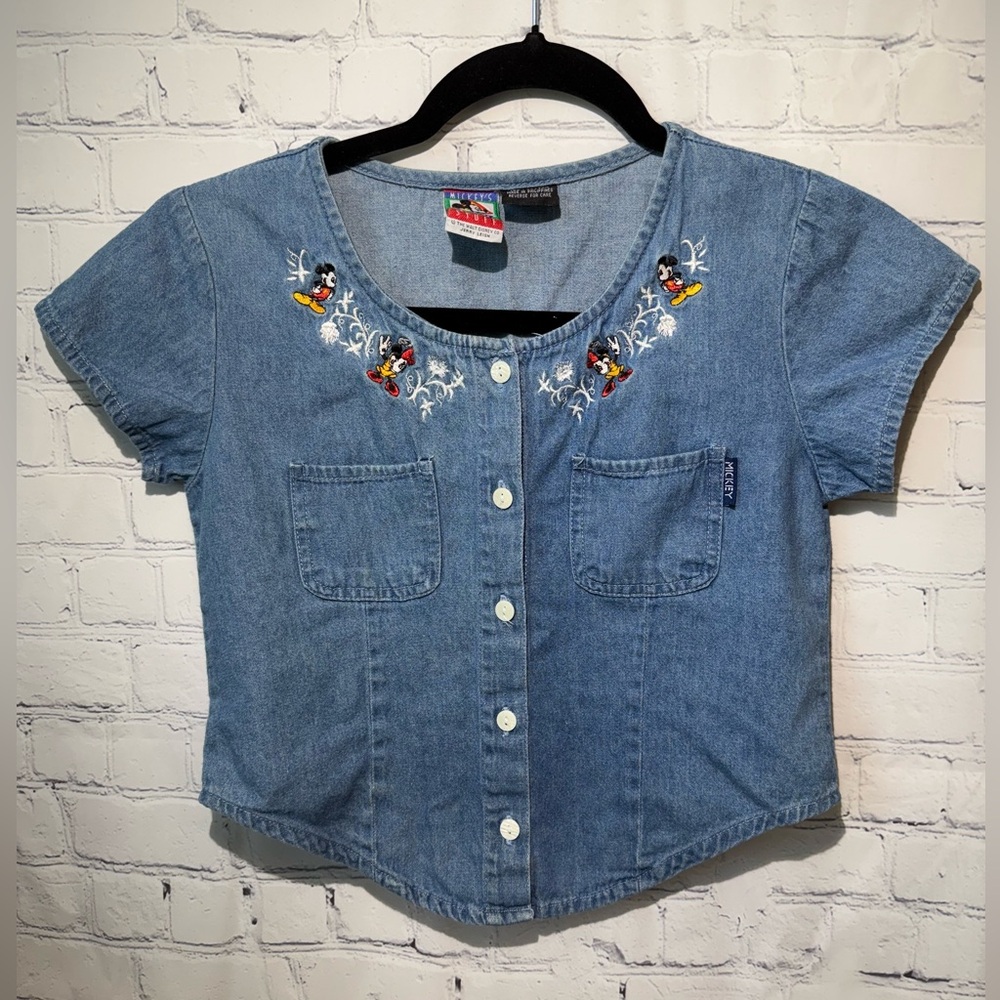 Vintage Disney chambray embroidered Mickey & Minnie Mouse button front shirt
